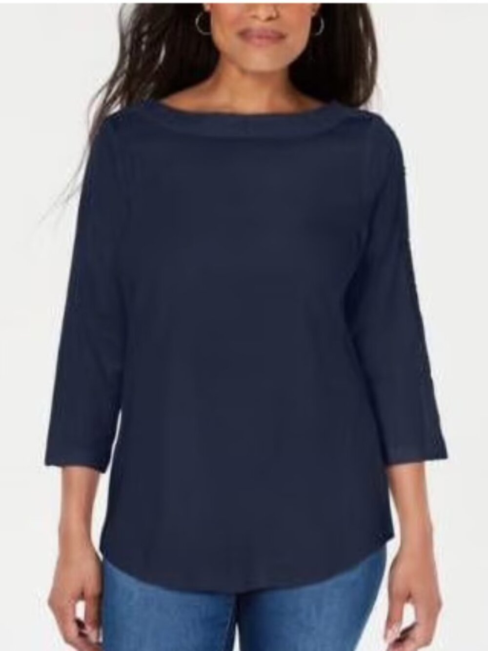 Karen Scott Women's Intrepid Blue Cotton Lace-Trim 3/4 Sleeve Top S
